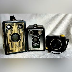 3 Vintage Kodak Brownie cameras. Junior Six-16, Target Six-20 and Baby B Special